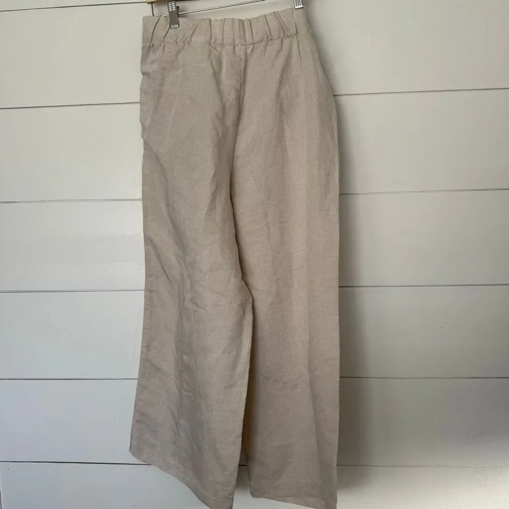 H&M Women’s Large Tan Wide Leg Linen Blend Pants Minimalist Lagenlook